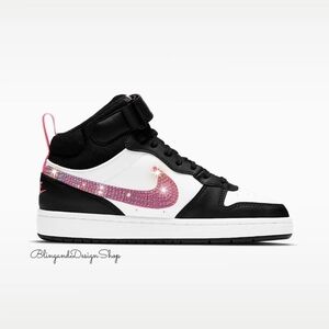 Bling Girls Nike Court Borough Mid 2 Customized Sneakers With Pink Crystals